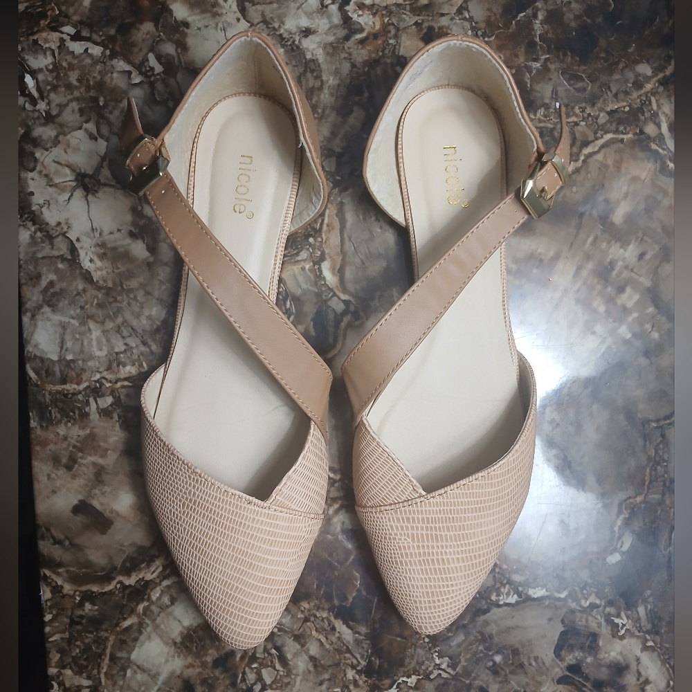 Tan Pointed Toe Textured Faux Leather Cross Strap Buckle Ballet Flat 9.5